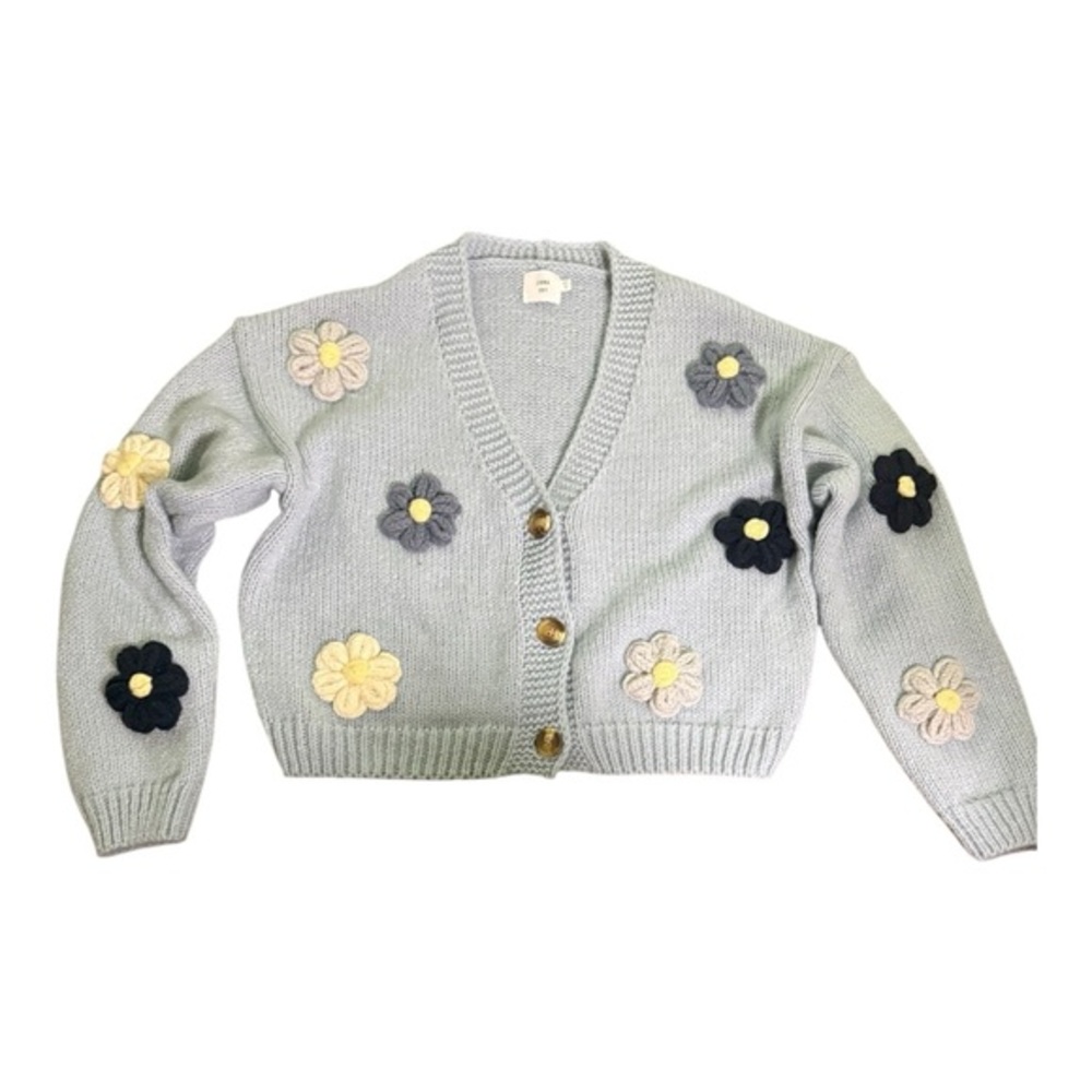 Luna Ivy Light Blue Floral Applique Knit Cardigan Sweater  Medium Cottagecore